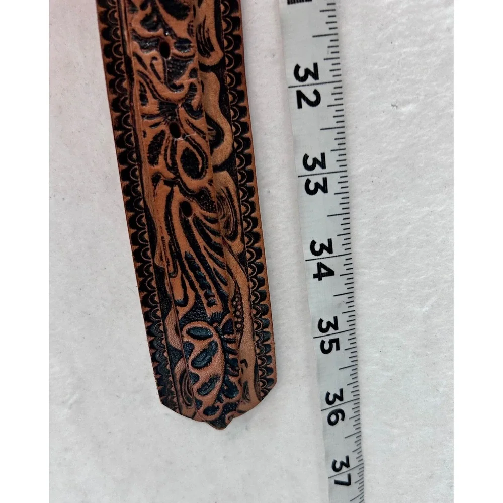 Cardat 7524 Brown Floral Tooled Leather Western Belt Silver‎ Buckle Womens 30
